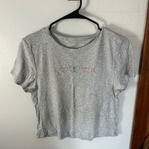 Cropped Grey American Eagle T-Shirt with Butterflies